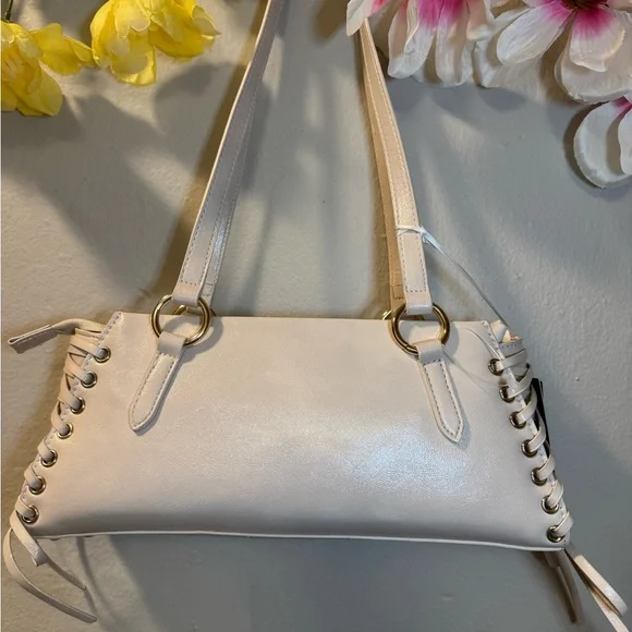 Cream Shoulder Bag with Lace-Up Side Detail - Picture 7 of 13